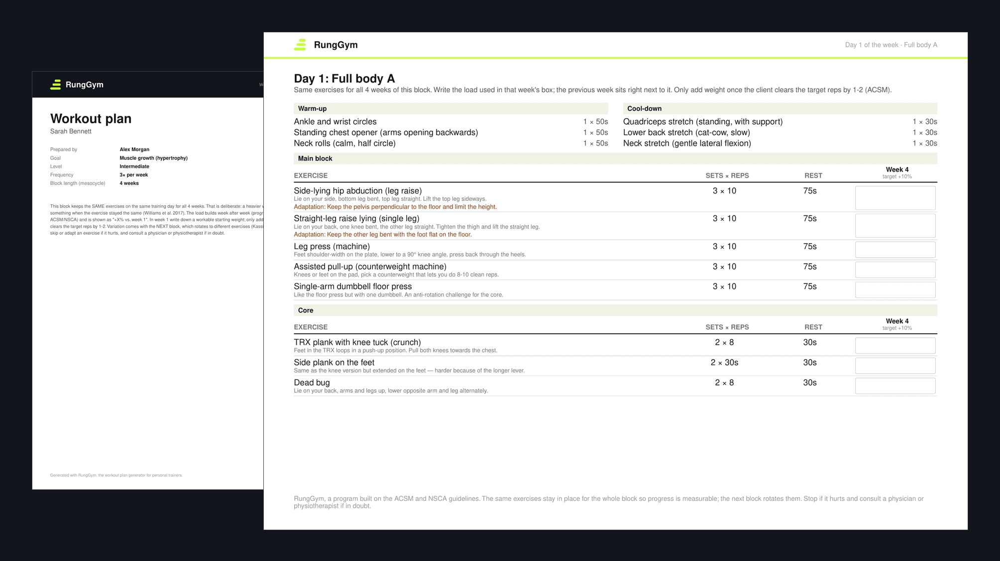Example of a RungGym workout plan: on the left the cover page with goal, level and block length, on the right a session sheet with warm-up, main block, core and conditioning, listing sets, reps, rest and a field to fill in the weight for each exercise.