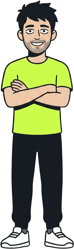 Alex, a relaxed personal trainer, standing with arms crossed and a confident smile